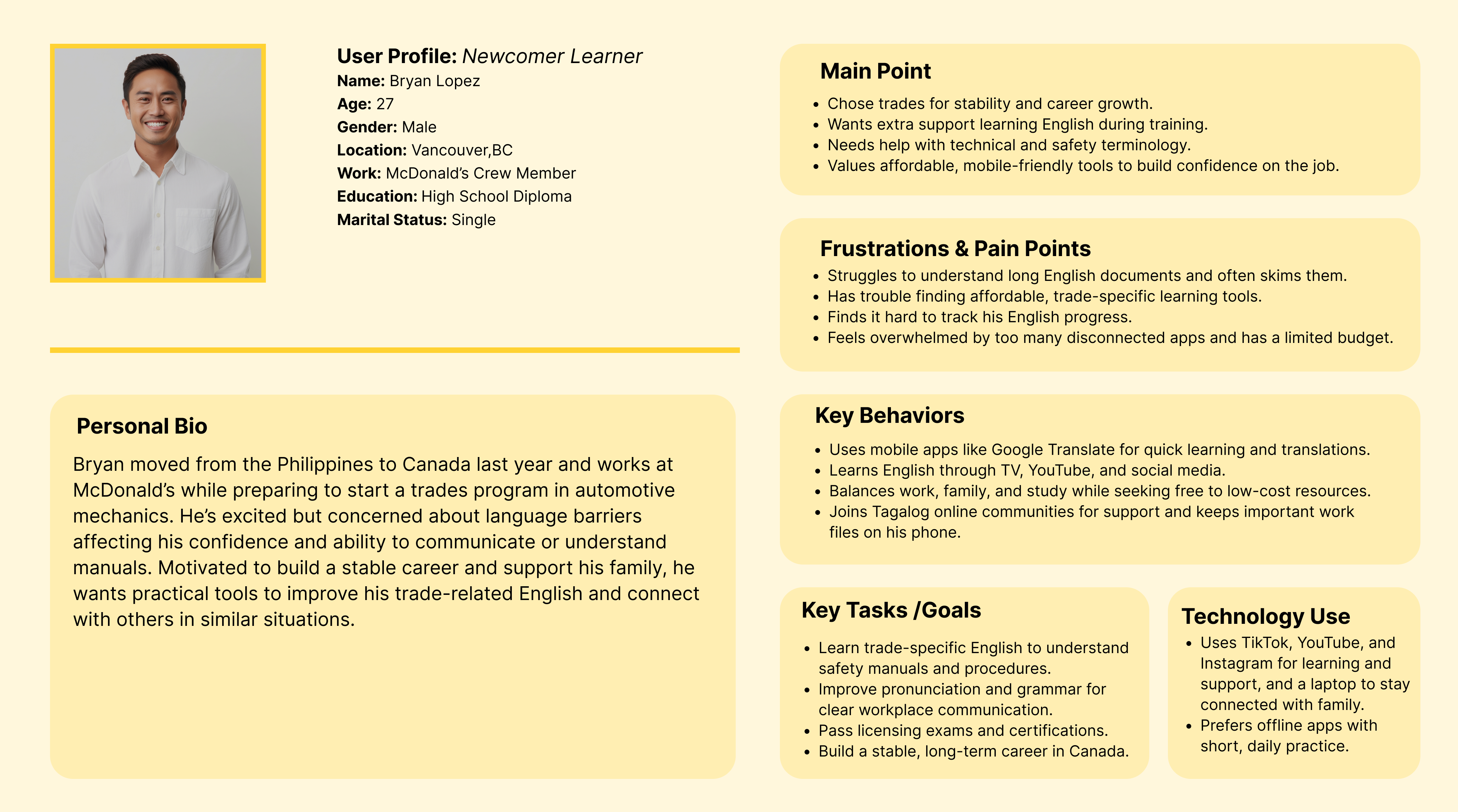 User persona 2 - Bryan Lopez, Newcomer Learner